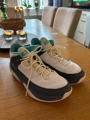 Nike Jordan sneakers vit och turkos - Säljer ett par Nike Jordan sneakers i vitt och mörkgrått med turkosa detaljer. Skorna har snörning, rund tå och en klassisk Jumpman-logga på sidan. Insidan är turkos och tungan har siffran 23 broderad i turkost. Jättefint skick och i storlek 42,5. Köpta för 1799! Pris kan diskuteras🫶🏼 (finns inte kvar på marknaden)