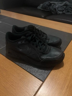 Svarta Nike Air Max 90 - Säljer ett par helsvarta Nike Air Max sneakers med klassisk rund tå och snörning. Skorna har en platt sula med synlig luftdämpning och är tillverkade i skinn och syntet. Perfekta för dig som gillar en stilren och sportig look.