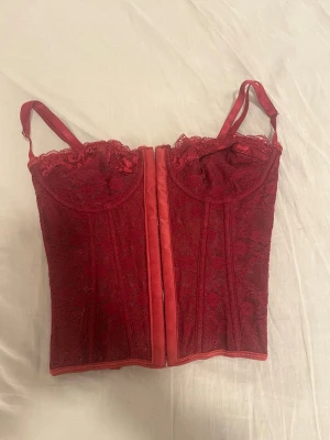 Vinröd spetskorsett med axelband - Snygg vinröd korsett med justerbara axelband och vacker spetsdetalj från shein. Korsetten har markerade sömmar och dekorativ kant upptill. Materialet är spets och mesh med en mjuk känsla. Perfekt för att lyfta din outfit med en feminin touch. Den har aldrig använts🥰inkluderat frakt