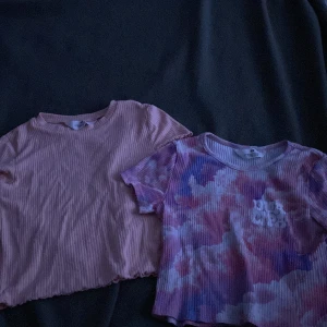 Två t-shirt  - Båda är i bra skick, den med många färger är lite kortare än den andra och den andra är som en vanlig t-shirt. Ps varan kan säljas i sär men de sälj som ett par nu.