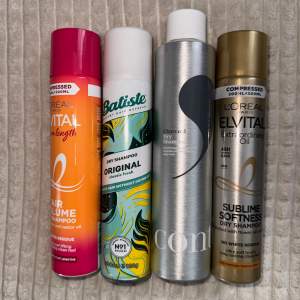 L'Oreal Paris- Air Volume Dry Shampoo: 50kr  Batiste- Dry Shampoo 200 ml : 30kr  Continu- Dry Shampoo 300 ml: 100kr  L'Oreal Paris -Elvital torrschampo: 50kr  L:A Bruket- Deo Spray : 140 kr  L:A Bruket- Body Oil : 380kr  Molton Brown- dark le: 280kr 