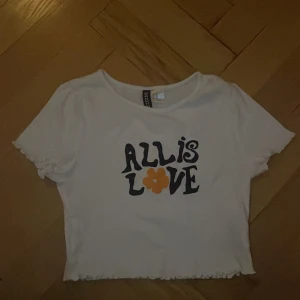 Croppad t-shirt - En vit croppad t-shirt med tryck (all is love). Använd ett fåtal gånger, ser ut som ny. Frakt ingår inte i priset, om ni har frågor, skriv🫶 priset kan diskuteras