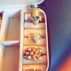 Guldiga ringar med djurmotiv och nitar - Säljer ett set med tre unika guldiga ringar. En ring har en dödskalle, en annan har ett leopardhuvud och den tredje är dekorerad med nitar. Perfekta accessoarer för att ge din outfit en edgy touch!