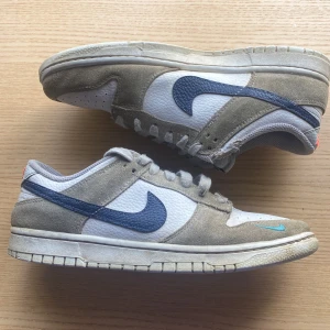 Dunk Low Mini Swoosh - White Gray Navy - Jag säljer mina gamla Dunks som har nypris på 1900 kr på Stock X  Skick 6/10 då mockan har ändrat lite färg men inte förstört skon dock och en liten skada vid hälen som man kan se på sista bilden 