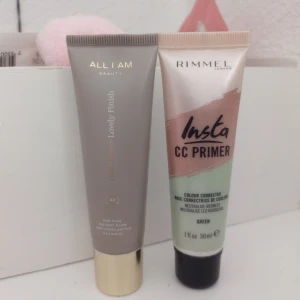 Primer  - Två stycken primer. en från all i am beauty, den andra från rimmel London. Båda är ca 40% kvar. Original pris är 500kr och 149kr. Den från all i am beauty är brun och ger mörkare look och den andra täcker röda nyanser under sminket. Båda för 100kr! 