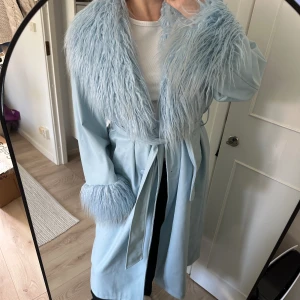 Ljusblå kappa  - Kappa från Asos design. Lite sminkfläckar på pälsen men går säkert bort i tvätten