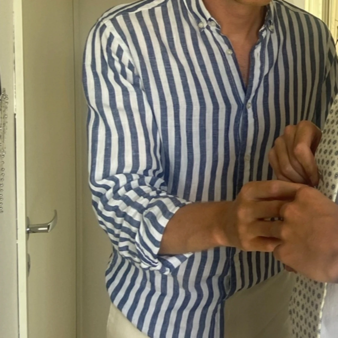 Blå/vit Linneskjorta, S, Bruun & Stengade