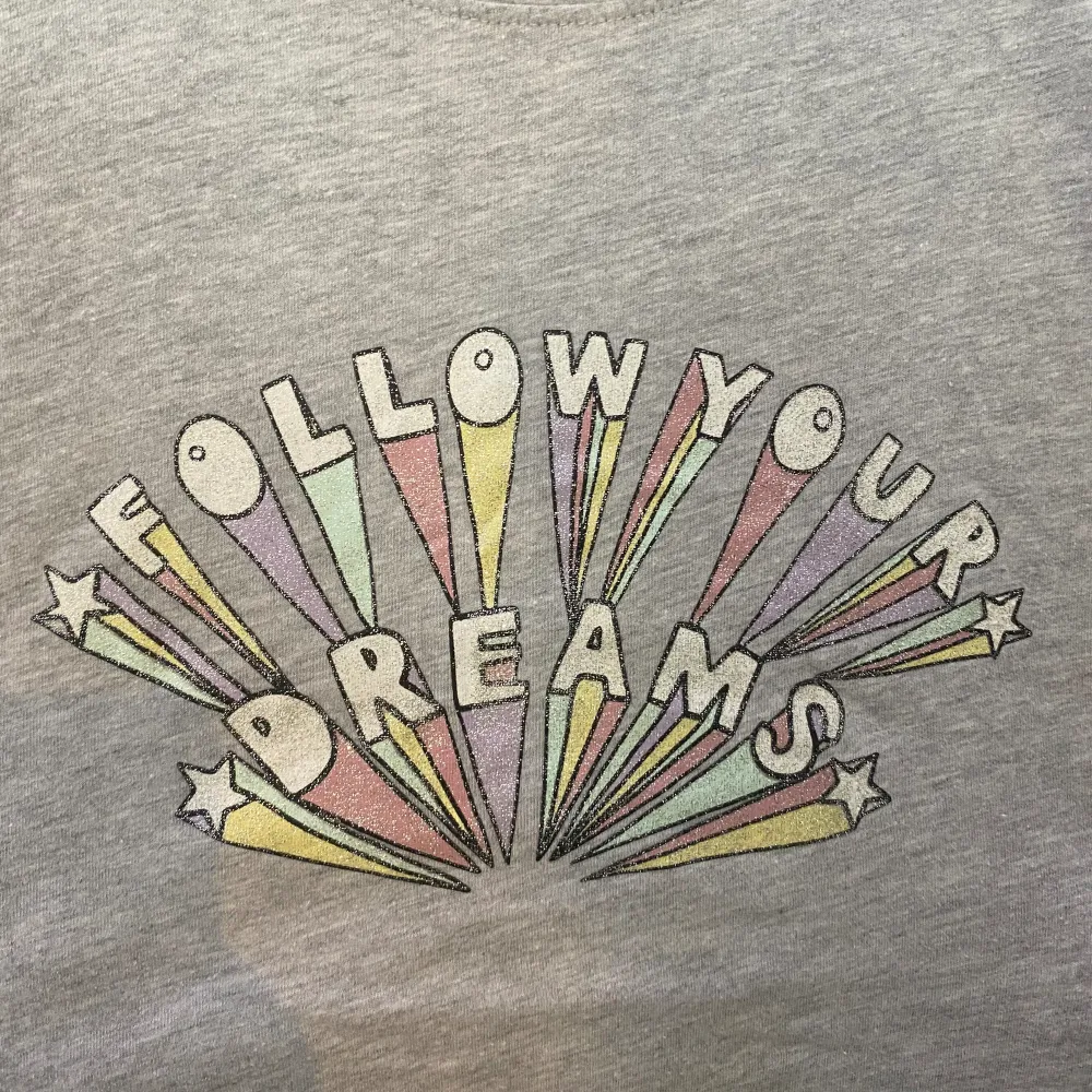 Grå tröja med en mening i mitten med lite ljusa pastellfärger med glitter på. T-shirts.