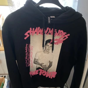 Svart hoodie med Shawn Mendes-tryck - En svart hoodie med ett tryck av Shawn Mendes på framsidan. Hoodien har en justerbar huva med dragsko och långa ärmar.