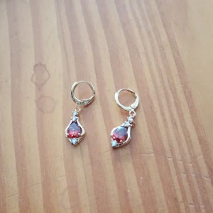 Örhängen guldfärgad metall med röd sten. - Örhängen guldfärgad metall med röda stenar.