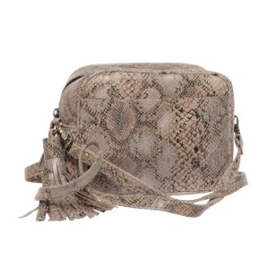 Snygg handväska i äkta skinn. Ormskinn mönster - Snygg gedigen handväska i äkta skinn, dragkedja och bra fack inuti. Ormskinns mönstrad. Mått ca b 18, d 8, h 14cm I fint anv skick. Ord pris runt 500:-