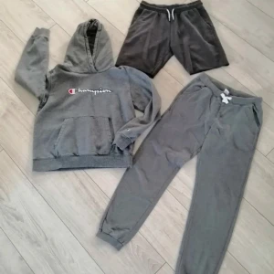 Grå Champion hoodie med huva - Grå hoodie från Champion med stor logga på bröstet och liten logga på ärmen. Klassisk känguruficka framtill, ribbade muddar och huva. Perfekt för chill eller träning, mjukt material och långärmad modell.