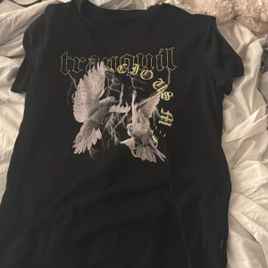 Svart t-shirt med tryck från Zign - Svart t-shirt från Zign med coolt tryck av två vita duvor och blixtar på bröstet. Texten 'tranquil' i gotisk stil och guldfärgade detaljer ger en edgy vibe. Klassisk rund hals och korta ärmar, perfekt till jeans eller shorts.