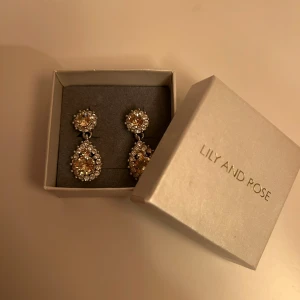 Örhängen Lily and Rose - Säljer ett par eleganta örhängen från Lily and Rose i silverfärg med gnistrande ljus rosa stenar. Örhängena har en rund sten upptill och en droppformad sten nedtill, båda omgivna av mindre stenar för extra glans.