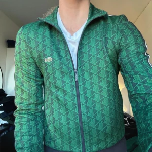 Grön mönstrad track jacket från Lacoste - Säljer en grön track jacket från Lacoste med geometriskt mönster och dragkedja framtill. Jackan har vita ränder längs ärmarna och Lacoste-logga på bröstet. Regular fit och ribbade muddar vid ärmslut och nederkant.