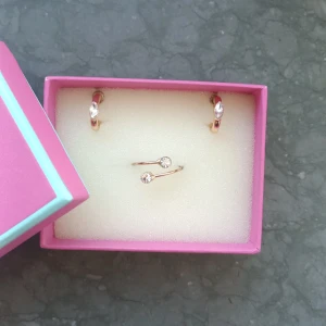 Guldpläterat smyckeset med ring och örhängen - Säljer ett fint smyckeset med ett par små guldpläterade örhängen och en matchande ring. Både ring och örhängen har klara, gnistrande stenar som detalj. Perfekt för dig som gillar stilrena accessoarer med lite bling.