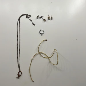 Mix av halsband och örhängen - Säljer ett kit med smycken: ett brunt halsband, ett tunt guldigt halsband med små pärlor som ej går att knäppa , en enkelt silverfärgat öronhängen och fem olika örhängen i guld och silver. Perfekt för dig som gillar att mixa och matcha smycken.