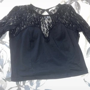 Svart spetsblus med lång ärm - Svart blus med långärmade spetsdetaljer över axlar och ärmar samt v-ringad spets framtill. Toppen har en croppad passform och en liten knapp i nacken. Perfekt för dig som gillar en stilren men ändå edgy look.