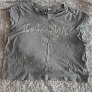 Grå croppad topp från hm across states  - Grå croppad topp från hm med tryck framtill. Toppen har korta ärmar och en avslappnad passform, perfekt att styla med höga jeans eller shorts. Mjuk bomullskänsla och enkel rund halsringning.