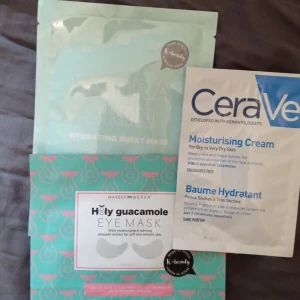 Ansiktsmask,ögonmask och moisturizer  - Säljer en Hydra Skin hydrating sheet mask och en Holy Guacamole ögonmask från Makeup Mekka, båda med återfuktande och lugnande ingredienser. Medföljer även en påse CeraVe Moisturising Cream. Maskerna är i mintgrön och turkos förpackning, ögonmasken har avokadomönster. Skriv om du vill ha något separat 
