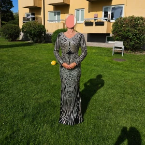 Balklänning/galaklänning  - Säljer en fantastisk svart långklänning från Leonessa med glittriga detaljer. Klänningen har långa ärmar och ett elegant mönster som verkligen fångar ögat. Perfekt för en glamorös kväll!