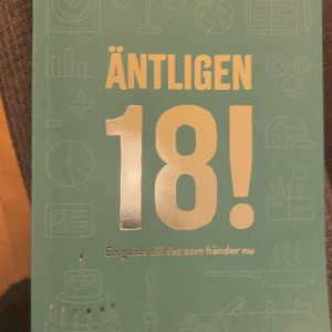 Äntligen 18! En guide till det som händer nu - Boken 'Äntligen 18!' är en guide för unga vuxna som precis fyllt 18 år. Den har en turkos omslag med guldtext och innehåller praktisk information om vad som händer när man blir myndig.