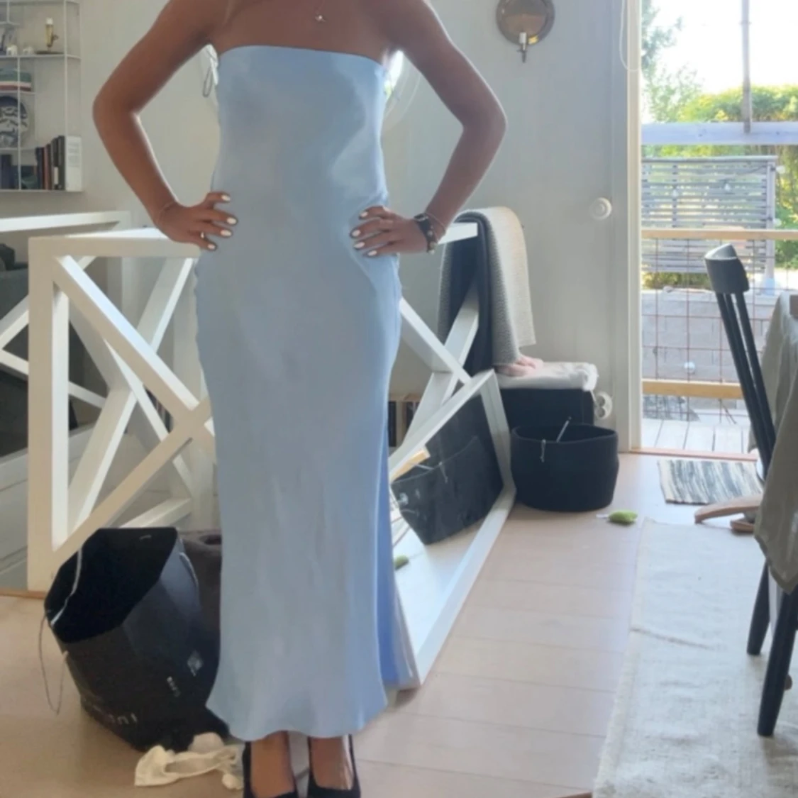 Ljusblå axelbandslös långklänning, balklänning - 1