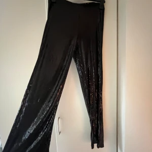 Svarta glittriga paljettbyxor - Säljer ett par svarta byxor med glittriga paljetter. Byxorna är utsvängda ner till och låga i midjan.  De är väldigt sköna på insidan. Hör av er vid frågor 😊
