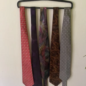 Färgglada slipsar från olika märken - Fem unika slipsar i olika färger och mönster. En grå med vita prickar, en brun med paisleymönster, en röd med geometriskt mönster, en lila med diskret mönster och en färgglad med abstrakt design. Perfekta för att lyfta din outfit med lite extra stil.