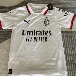 AC Milan Puma fotbollströja Leão S - AC Milan bortatröja från Puma i vitt med svarta och röda detaljer. Kortärmad modell med tryckta loggor, sponsortryck och spelarnamn 'Rafa Leão' samt nummer 10 på ryggen. Tillverkad i lätt och ventilerande material, perfekt för match eller träning.