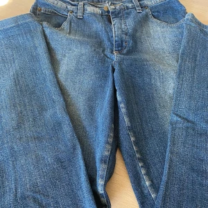 Blå jeans med broderad bakficka - Säljer ett par klassiska blå jeans med snyggt broderi i gult och brunt på bakfickan. Jeansen har rak passform, normal midja och är tillverkade i slitstarkt denim. Perfekta för dig som vill ha något unikt i garderoben!