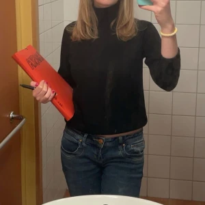 Svart polotröja  - Svart polotröja med lång ärm och ribbade muddar. Tröjan har en klassisk hög krage och sitter snyggt med normal passform. Perfekt till jeans eller kjol för en clean look. Inget märke, uppskattad storlek är XS. Som ny!🥰