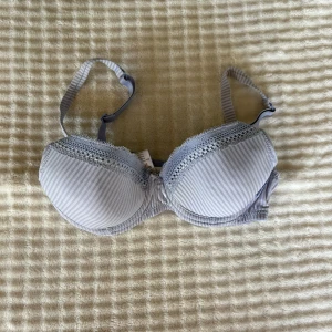 Ljusblå randig bh från Trofé - Snygg bh från Trofé i ljusblå randigt mönster med spetsdetaljer upptill på kuporna. Justerbara axelband och vadderade kupor för extra komfort. Materialet är mjukt och består till största delen av polyester.