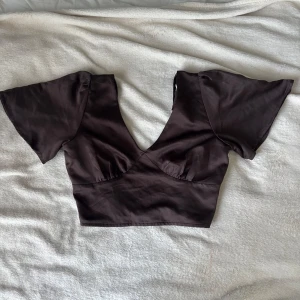 Brun topp från BikBok - Säljer en brun topp från BikBok i glansigt material. Toppen har djup v-ringning, vida korta ärmar och knytband i ryggen.