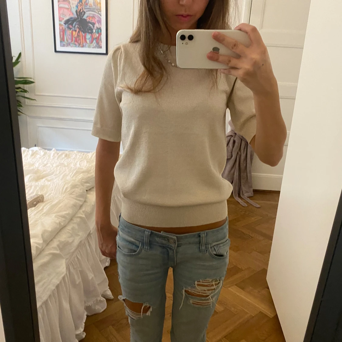 Beige glittrig  stickad kortärmad tröja - 1