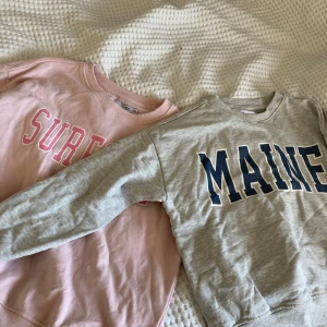 2 collegeinspirerade sweatshirts 🌟 - Två collegeinspirerade sweatshirts, en ljusgrå med blått MAINE-tryck och en ljusrosa med vitt och rosa SURFSIDE-tryck. Båda har rund halsringning och långa ärmar. Perfekta för en chill och sportig look. Tillverkade i mjuk bomull.