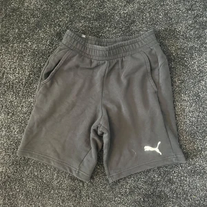 Svarta shorts från Puma - Säljer ett par svarta shorts från Puma med elastisk midja och sidofickor. Perfekta för en avslappnad stil eller träning. Puma-loggan i vitt på benet ger en sportig touch.