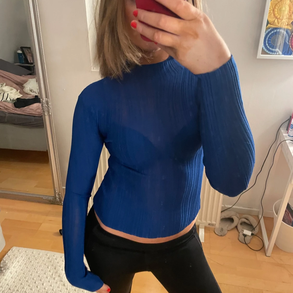 Blå ribbad mesh topp - 1