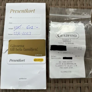 Guldfynd presentkort - Säljer ett presentkort och tillgodokvitto värde 1600kr på Guldfynd. Giltiga t.om: 2026-12-13 och 2026-06-22.