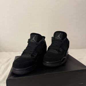Nike Air Jordan 4 Retro Black Cat - Säljer ett par Nike Air Jordan 4 Retro Black Cat sneakers i helsvart mocka och mesh. Skorna har klassisk siluett, svarta snören och detaljer i plast. Ikonisk Jumpman-logga på plösen och en chunky sula som ger grym streetkänsla. Pris kan diskuteras.