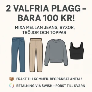 2 VALFRIA PLAGG FÖR 100KR - 👖👕 2 valfria plagg för 100 kr! Mixa fritt mellan jeans, byxor, tröjor & toppar – alla i storlek XS–S. 📦 Frakt tillkommer. 💬 Skicka DM för att köpa! Skriv vilka plagg du är intresserad av 🫶 📍 Begränsat antal – först till kvarn gäller! 