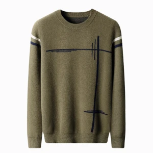 Olivgrön stickad tröja med grafiskt mönster - Snygg olivgrön stickad tröja med rund hals och grafiskt mönster i mörkblått och vitt. Tröjan har långa ärmar och ribbade muddar vid ärmslut och nederkant. Perfekt för dig som gillar stilrena detaljer.