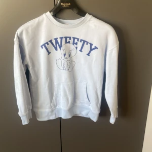 Vit sweatshirt med Tweety-tryck från Mango - Säljer en vit sweatshirt från Mango/MNG med ett stort blått Tweety-tryck på framsidan. Tröjan har långa ärmar och en klassisk rund halsringning. Perfekt för en avslappnad stil.