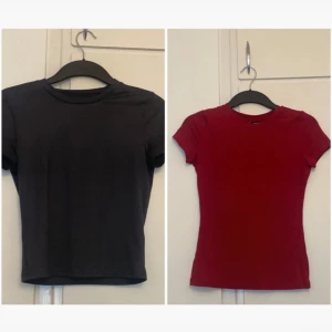 Två basic toppar i grå och rött - Säljer två enkla och stilrena toppar i grå och rött. Båda har rund halsringning och korta ärmar, perfekta att matcha med jeans eller kjol. Materialet känns mjukt och stretchigt, troligen bomull eller polyester. Figurnära passform som sitter snyggt på kroppen.