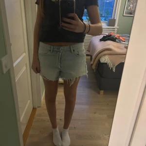 Ljusblå jeansshorts från Zara - Säljer ett par ljusblå jeansshorts från Zara i storlek 38. De har råa, fransiga kanter och klassisk femficksmodell. Shortsen har normal passform och är perfekta för sommaren. Snygg, avslappnad look som passar till allt.