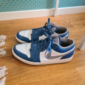 Blå och vita sneakers - Snygga blå och vita sneakers med snörning och rund tå. Perfekta för en avslappnad stil. Skorna har en klassisk design med en kontrasterande Nike-logga i silver på sidan. Skorna är äkta jordans. 