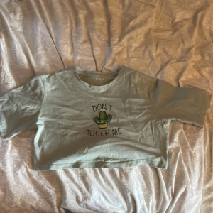 Grön croppad t-shirt med kaktusmotiv - Säljer en grön croppad t-shirt med texten 'Don't Touch Me' och en kaktus på framsidan. T-shirten har korta ärmar och en rund halsringning. Perfekt för en avslappnad stil!
