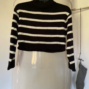 Randig svartvit tröja från  H&M - Säljer en croppad, ribbstickad tröja från H&M med svarta och vita breda ränder. Tröjan har lång ärm och hög hals.