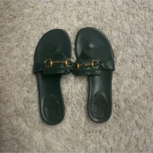 Gröna sandaler från Gucci med gulddetalj - Säljer ett par mörkgröna sandaler från Gucci i skinn med ormmönstrad rem och ikonisk guldfärgad hästbitsdetalj. Snygg och lyxig design som passar perfekt till sommaren.
