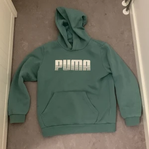 Grön hoodie från Puma - Säljer en blå hoodie från Puma med stor logga på bröstet. Tröjan har en klassisk känguruficka och ribbade muddar vid ärmslut och nederkant. Perfekt för en avslappnad stil.